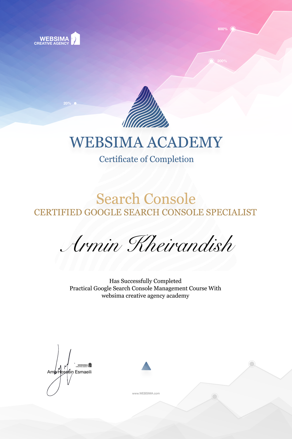 گواهی شرکت در دوره آموزش گوگل سرچ کنسول برای آرمین خیراندیش